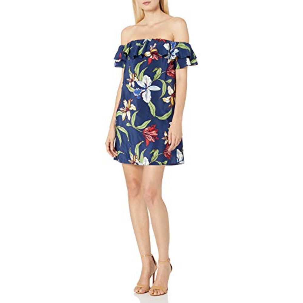 Amanda Uprichard "Ethan" Navy Floral Silk‎ Off the Shoulder Ruffle Mini Dress
XS